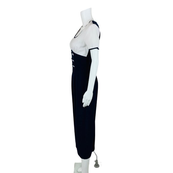 Vintage 1990s Sailor Style Dress Navy Blue White Long Empire Bust Rayon Midi - Picture 5 of 10